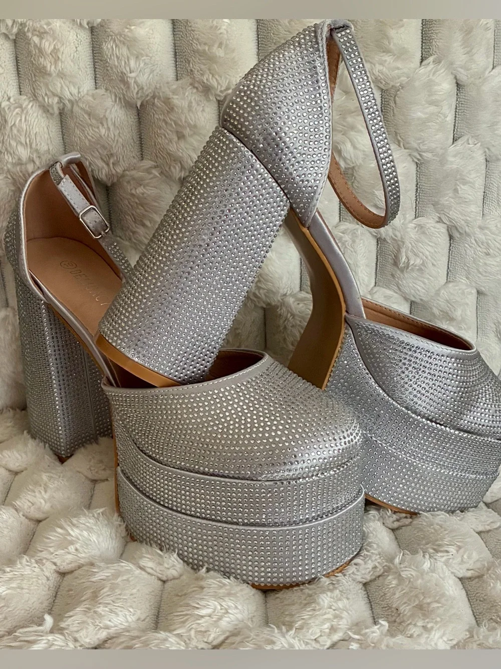 Silver Rhinestone Platform Block Heels with Ankle Strap
